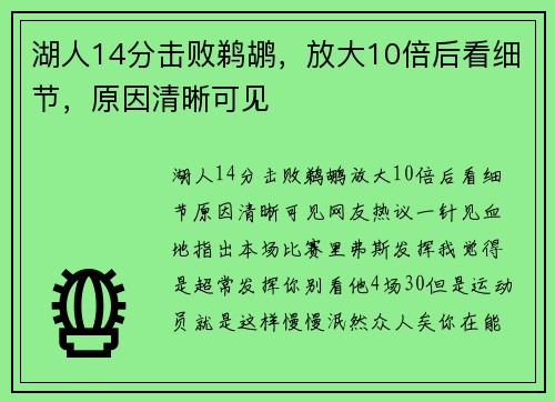 湖人14分击败鹈鹕，放大10倍后看细节，原因清晰可见